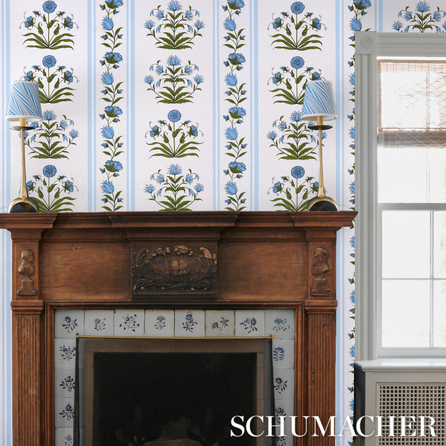 Poppy Stripes Blue by Marie-Anne Oudejans Floral Stripe Wallpaper – Schumacher 5014451