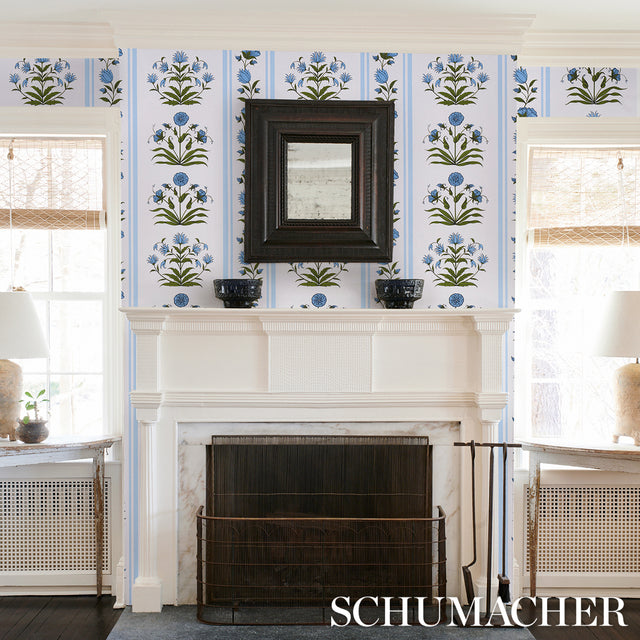 Poppy Stripes Blue by Marie-Anne Oudejans Floral Stripe Wallpaper – Schumacher 5014451