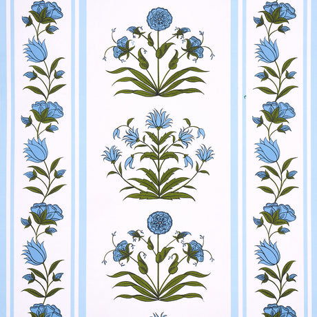 Poppy Stripes blue floral and stripe wallpaper by Marie-Anne Oudejans for Schumacher