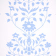 Jaipur Mughal Flower blue floral wallpaper by Schumacher shown in a styled interior and close-up detail.