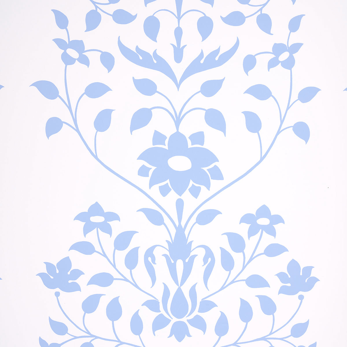 Jaipur Mughal Flower blue floral wallpaper by Schumacher shown in a styled interior and close-up detail.