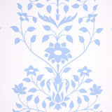 Jaipur Mughal Flower blue floral wallpaper by Schumacher shown in a styled interior and close-up detail.