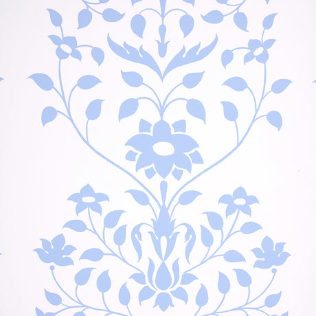 Jaipur Mughal Flower blue floral wallpaper by Schumacher shown in a styled interior and close-up detail.