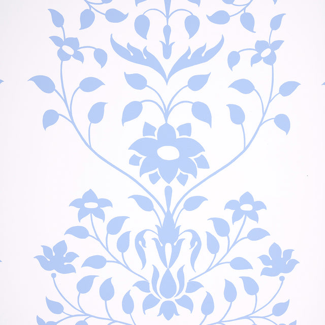 Jaipur Mughal Flower blue floral wallpaper by Schumacher shown in a styled interior and close-up detail.