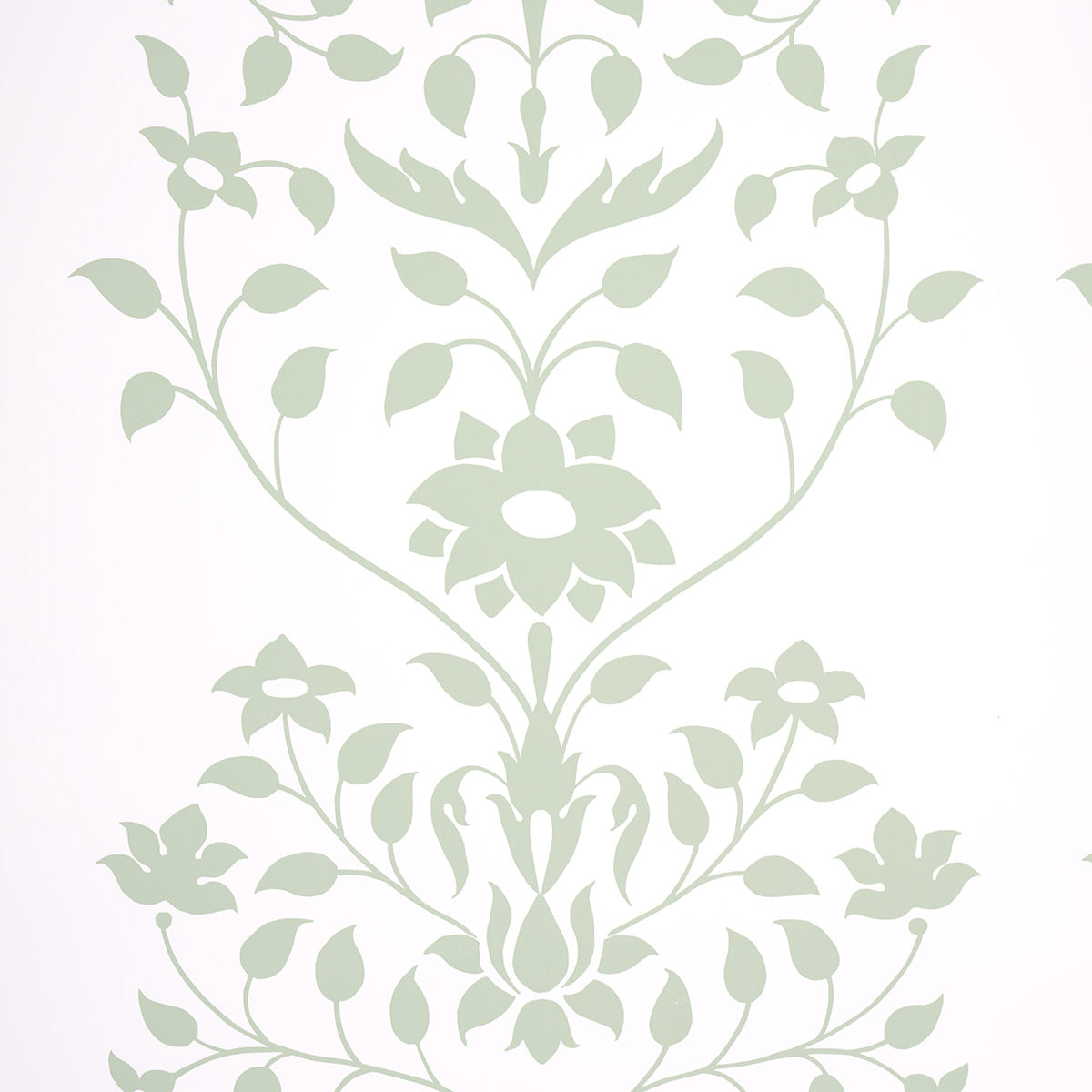 Jaipur Mughal Flower wallpaper in green by Schumacher, featuring a stylized floral pattern inspired by Mughal motifs, shown in a modern interior setting.