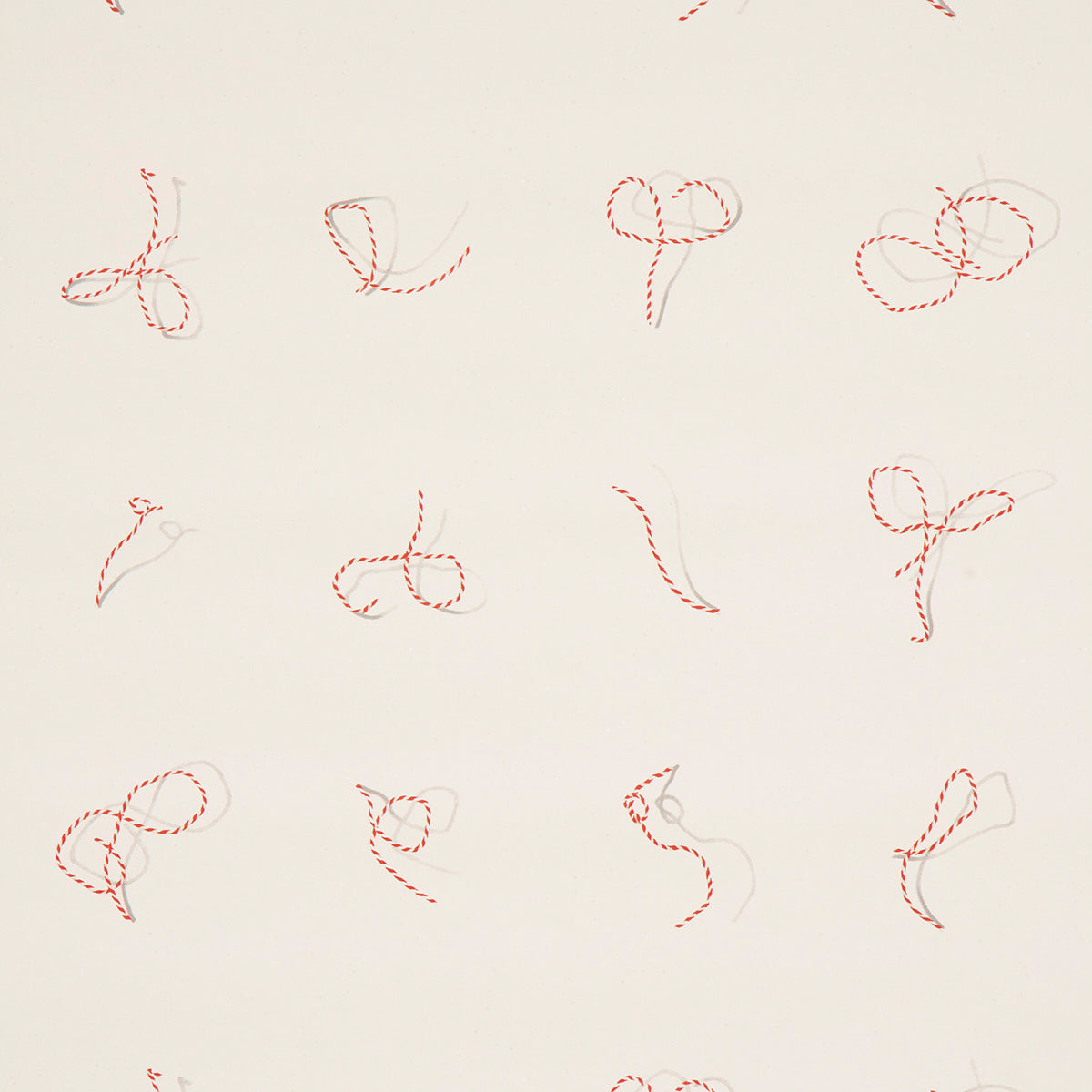 Butcher String wallpaper in red and white on ivory by Charlap Hyman & Herrero for Schumacher, featuring trompe l'oeil string design.