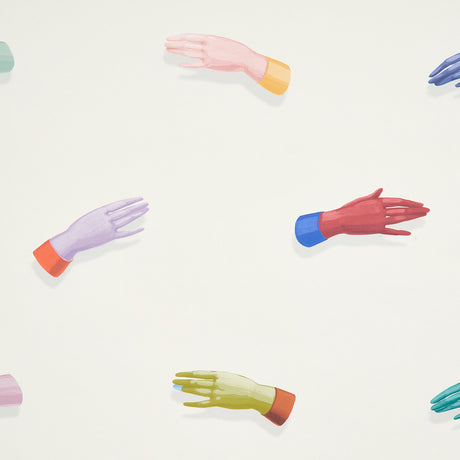 Manos wallpaper by Schumacher featuring multi-colored disembodied hands on an ivory background, designed by Charlap Hyman & Herrero.