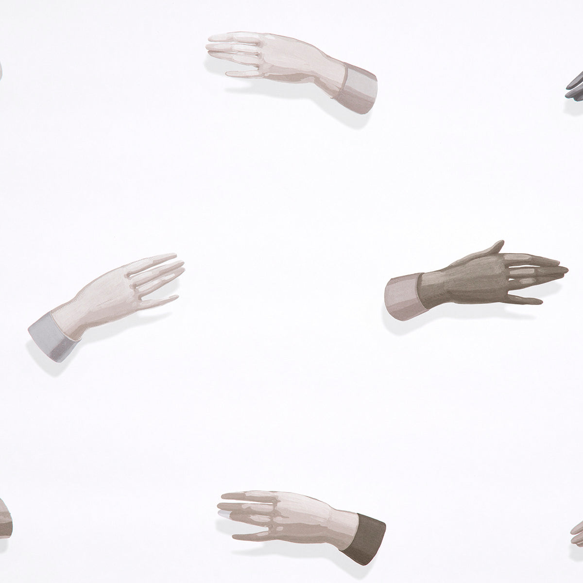 Manos wallpaper in neutral by Charlap Hyman & Herrero for Schumacher, featuring surrealist hand motifs on a white background.