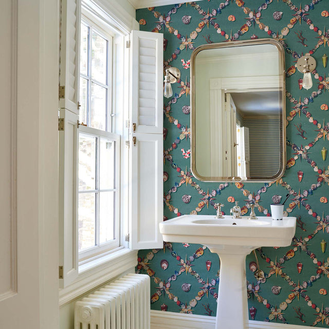 Grotto Treillage Multi on Teal by Charlap Hyman & Herrero Wallpaper – Schumacher 5014490