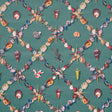 Grotto Treillage wallpaper in multi on teal, featuring a playful collage of shells and marine motifs arranged in a trellis pattern by Charlap Hyman & Herrero for Schumacher.