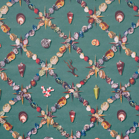Grotto Treillage wallpaper in multi on teal, featuring a playful collage of shells and marine motifs arranged in a trellis pattern by Charlap Hyman & Herrero for Schumacher.