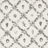 Grotto Treillage wallpaper in Grisaille by Charlap Hyman & Herrero for Schumacher, featuring a collage of shells and marine motifs in a trellis pattern.