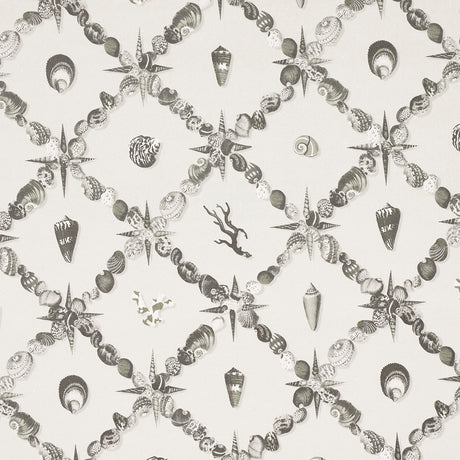 Grotto Treillage wallpaper in Grisaille by Charlap Hyman & Herrero for Schumacher, featuring a collage of shells and marine motifs in a trellis pattern.