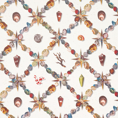 Grotto Treillage wallpaper by Schumacher featuring a playful collage of shells and marine curiosities in a trellis pattern, multi on ivory.