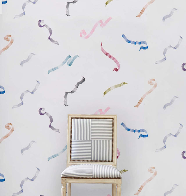 Beth Multi on Ivory by Charlap Hyman & Herrero Trompe L'oeil Ribbon Wallpaper – Schumacher 5014500