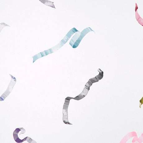 Beth wallpaper in multi-on-ivory by Charlap Hyman & Herrero features hand-drawn trompe l'oeil ribbons on a fibrous ground.