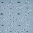 Ouvrez Moi blue wallpaper by Schumacher featuring a trompe l'oeil ribbon lattice with snails and pearls, designed by Charlap Hyman & Herrero.