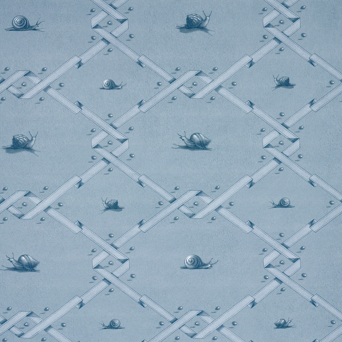 Ouvrez Moi blue wallpaper by Schumacher featuring a trompe l'oeil ribbon lattice with snails and pearls, designed by Charlap Hyman & Herrero.