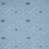 Ouvrez Moi blue wallpaper by Schumacher featuring a trompe l'oeil ribbon lattice with snails and pearls, designed by Charlap Hyman & Herrero.