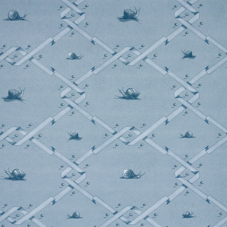 Ouvrez Moi blue wallpaper by Schumacher featuring a trompe l'oeil ribbon lattice with snails and pearls, designed by Charlap Hyman & Herrero.