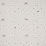 Ouvrez Moi wallpaper in grey by Schumacher, featuring a trompe l'oeil ribbon lattice with snails and pearl details, designed by Charlap Hyman & Herrero.