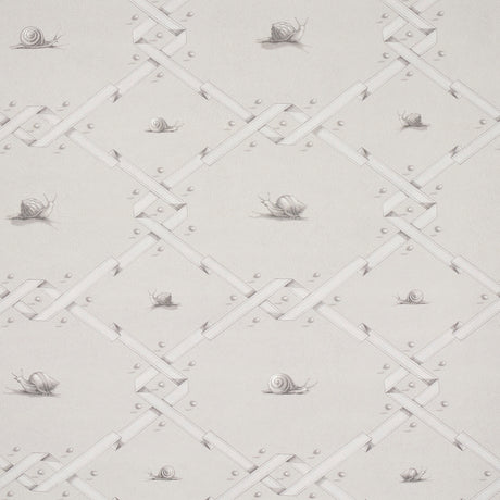 Ouvrez Moi wallpaper in grey by Schumacher, featuring a trompe l'oeil ribbon lattice with snails and pearl details, designed by Charlap Hyman & Herrero.