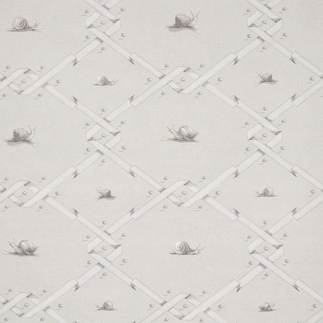 Ouvrez Moi wallpaper in grey by Schumacher, featuring a trompe l'oeil ribbon lattice with snails and pearl details, designed by Charlap Hyman & Herrero.