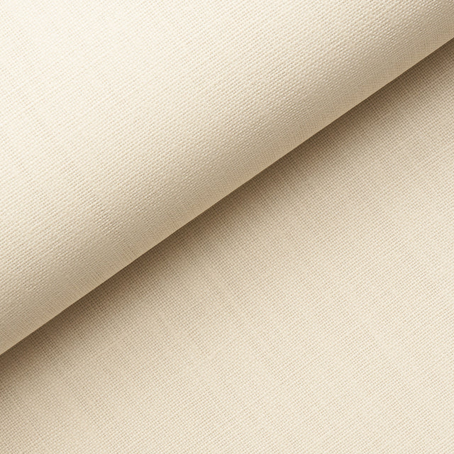 Close-up and styled view of Schumacher Performance Linen Wallcovering in Oyster, showing its subtle texture and neutral color.