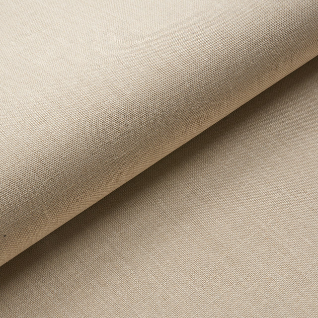 Close-up and styled view of Schumacher Performance Linen Wallcovering in Parchment, showing its natural linen texture and elegant neutral color.
