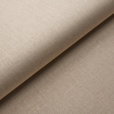 Close-up and styled room view of Schumacher Performance Linen Wallcovering in Flax, showing its natural linen texture and neutral color.