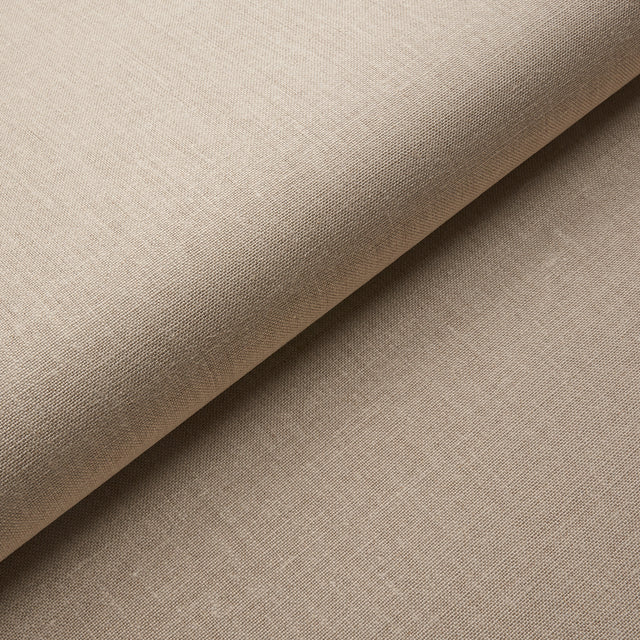 Close-up and styled room view of Schumacher Performance Linen Wallcovering in Flax, showing its natural linen texture and neutral color.