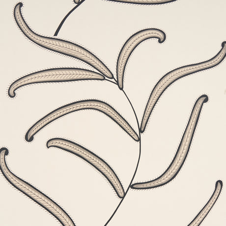 Caterpillar Leaf wallpaper in black and cream by Neisha Crosland for Schumacher, featuring whimsical botanical leaves inspired by antique Indian crewelwork.