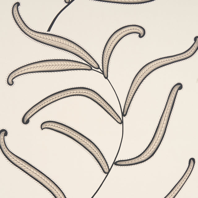 Caterpillar Leaf wallpaper in black and cream by Neisha Crosland for Schumacher, featuring whimsical botanical leaves inspired by antique Indian crewelwork.