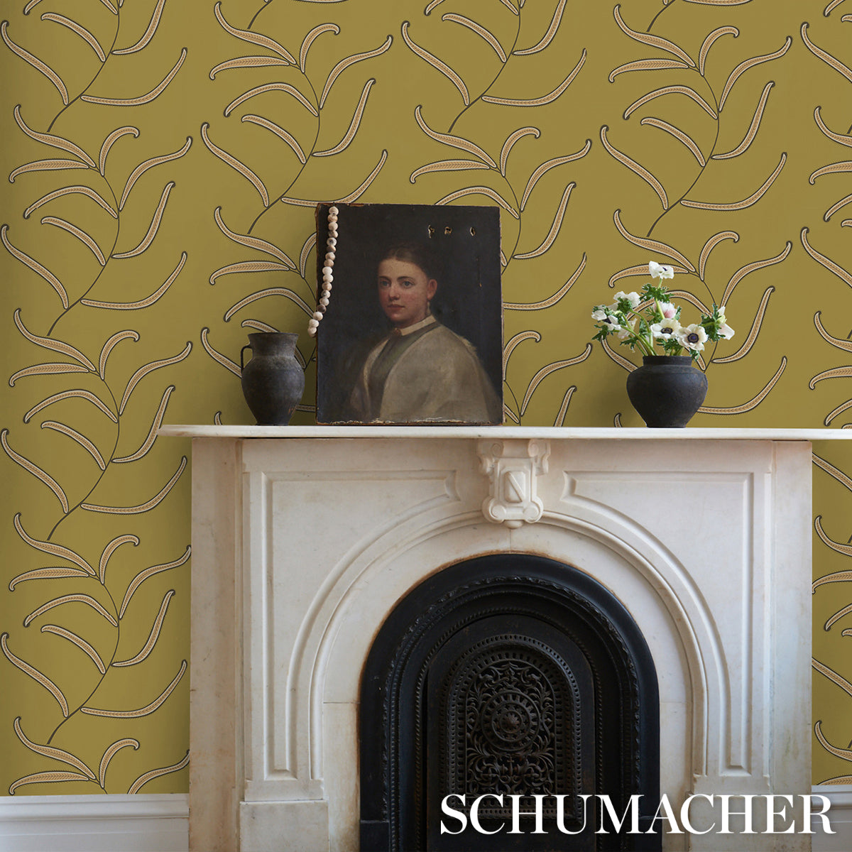 Caterpillar Leaf Meadow Green by Neisha Crosland Botanical Wallpaper – Schumacher 5014531