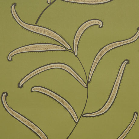 Caterpillar Leaf wallpaper in Meadow Green by Neisha Crosland for Schumacher, featuring whimsical botanical leaves on a green background.