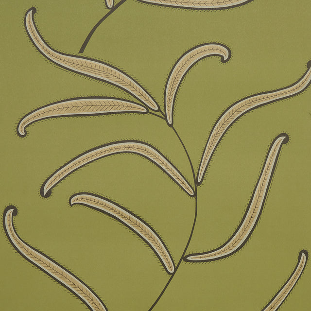 Caterpillar Leaf wallpaper in Meadow Green by Neisha Crosland for Schumacher, featuring whimsical botanical leaves on a green background.
