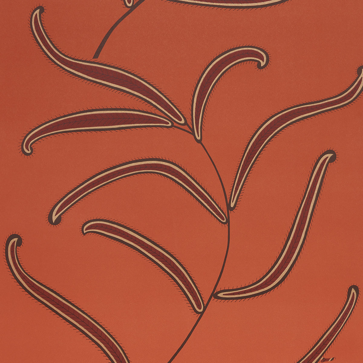 Caterpillar Leaf wallpaper in Tomato by Neisha Crosland for Schumacher, featuring whimsical botanical leaves on a bold red-orange background.