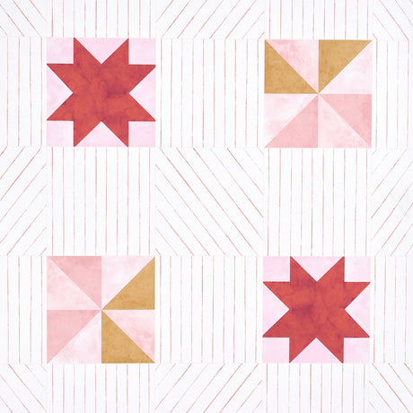 Alexander wallpaper by Schumacher features a modern geometric quilt-inspired pattern in red and earthy pink, with pinwheel and star motifs on a striped background.