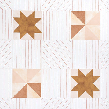 Alexander wallpaper in terracotta and warm peach, featuring geometric quilt-inspired star and pinwheel motifs on a multidirectional striped background.