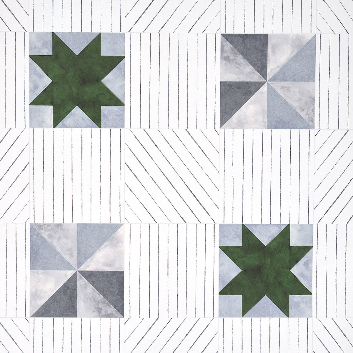Alexander wallpaper in Dutch Green & Slate by Schumacher, featuring a geometric quilt-inspired pattern with pinwheel and star motifs.