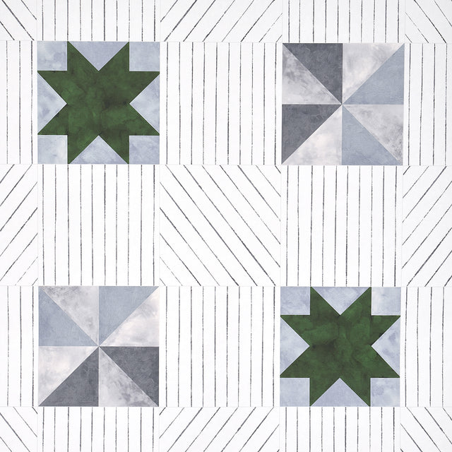 Alexander wallpaper in Dutch Green & Slate by Schumacher, featuring a geometric quilt-inspired pattern with pinwheel and star motifs.