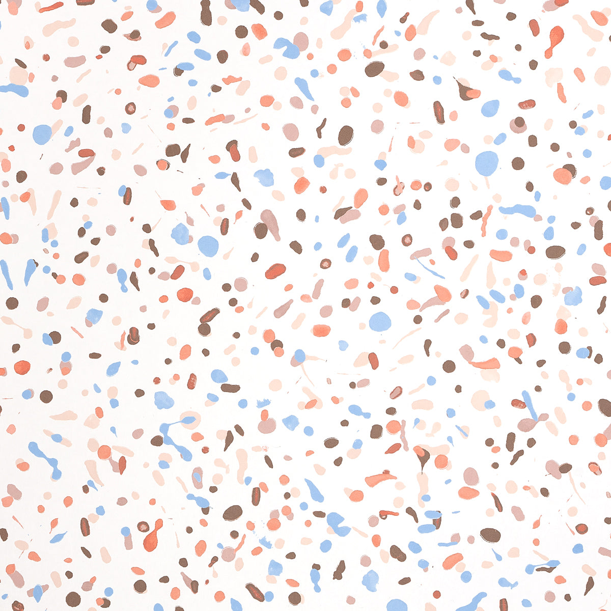 LOS COSMOS wallpaper in Disco by Schumacher features a dynamic, multidirectional paint splatter pattern in blue, coral, and brown on a white background.