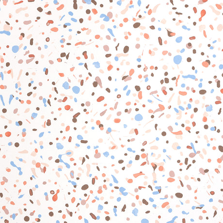 LOS COSMOS wallpaper in Disco by Schumacher features a dynamic, multidirectional paint splatter pattern in blue, coral, and brown on a white background.