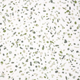 LOS COSMOS Moss by Backdrop for Schumacher. Abstract green paint splatter wallpaper on white background, shown in styled interior and close-up views.
