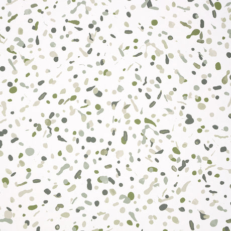 LOS COSMOS Moss by Backdrop for Schumacher. Abstract green paint splatter wallpaper on white background, shown in styled interior and close-up views.