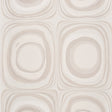 Mood Ring in Ghost by Backdrop for Schumacher. Large-scale concentric circle wallpaper in neutral tones, shown in a styled interior and close-up views.