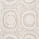 Mood Ring in Ghost by Backdrop for Schumacher. Large-scale concentric circle wallpaper in neutral tones, shown in a styled interior and close-up views.