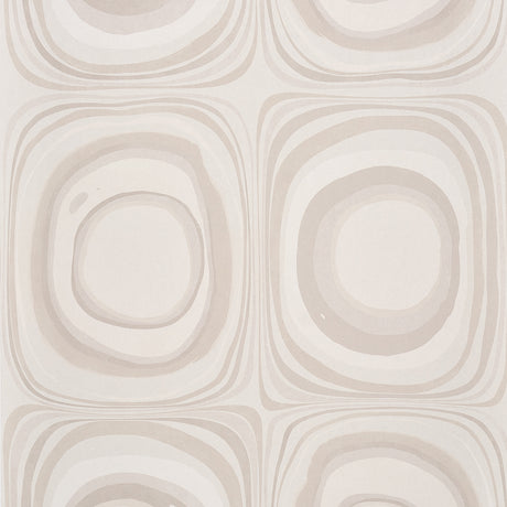 Mood Ring in Ghost by Backdrop for Schumacher. Large-scale concentric circle wallpaper in neutral tones, shown in a styled interior and close-up views.