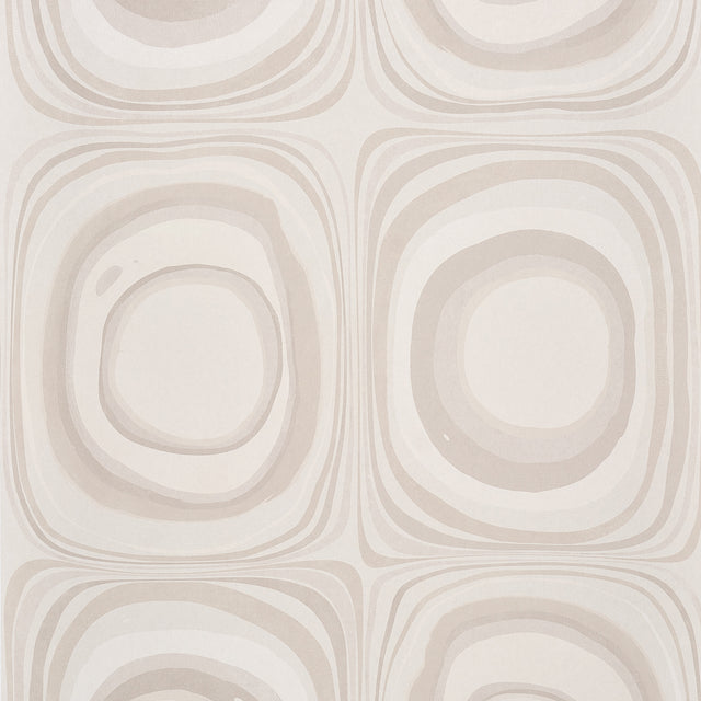 Mood Ring in Ghost by Backdrop for Schumacher. Large-scale concentric circle wallpaper in neutral tones, shown in a styled interior and close-up views.