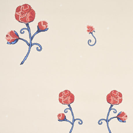 Rhinestone Cowboy wallpaper in Poppy by Schumacher, featuring mid-scale stylized red flowers with blue stems and chainstitch outlines on a neutral background.